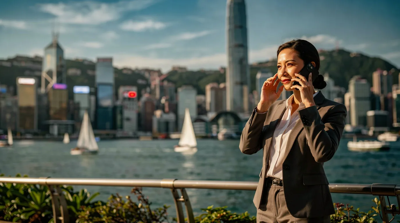 Professional taking a call on the Hong Kong harbourfront, city skyline behind