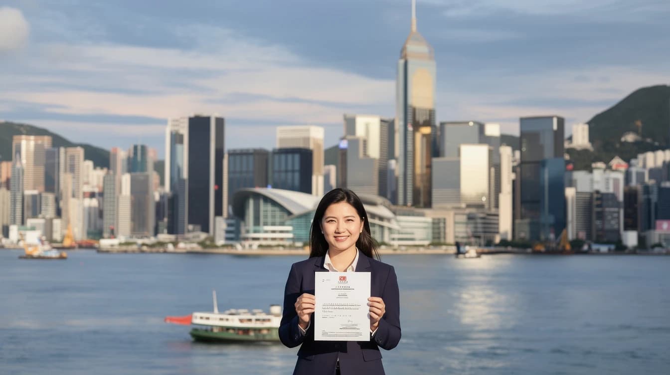 Business owner holding a Hong Kong company registration certificate by Victoria Harbour