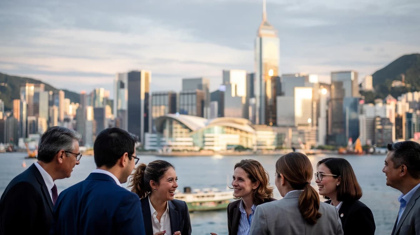Investors in discussion on the Victoria Harbour waterfront, Hong Kong skyline behind them