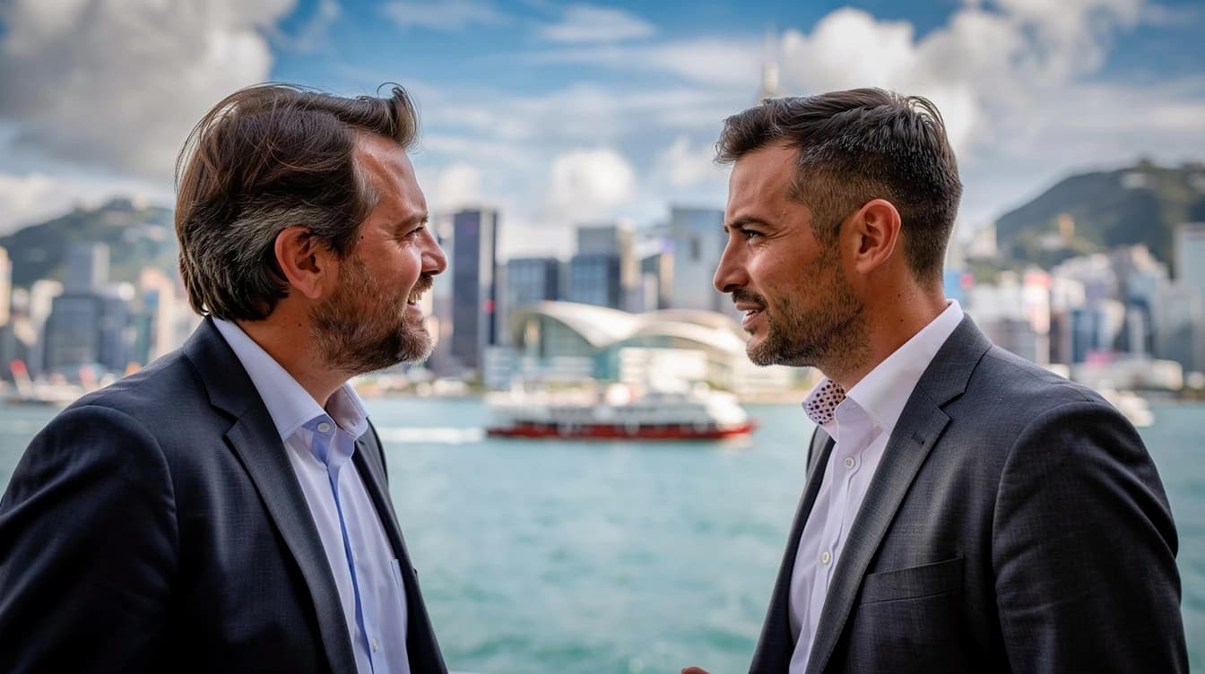 Two business advisors in conversation on the Victoria Harbour waterfront